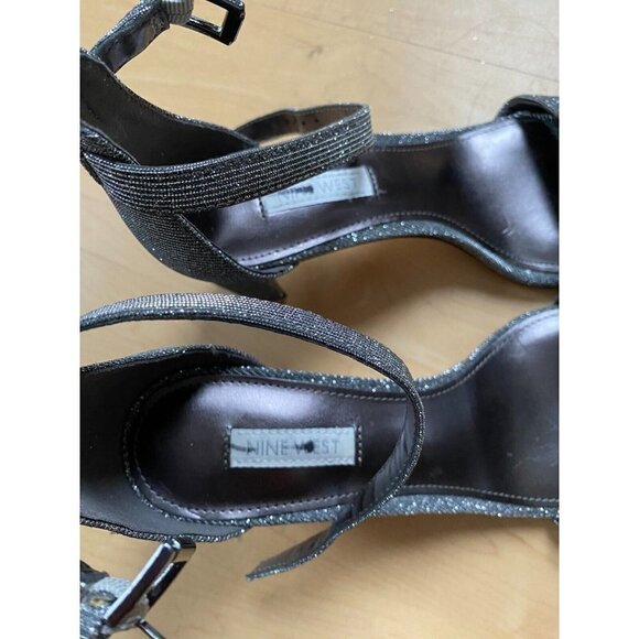 NINE West "Pruce" silver glitter block heel ankle strap Women NEW sandal - Picture 3 of 9
